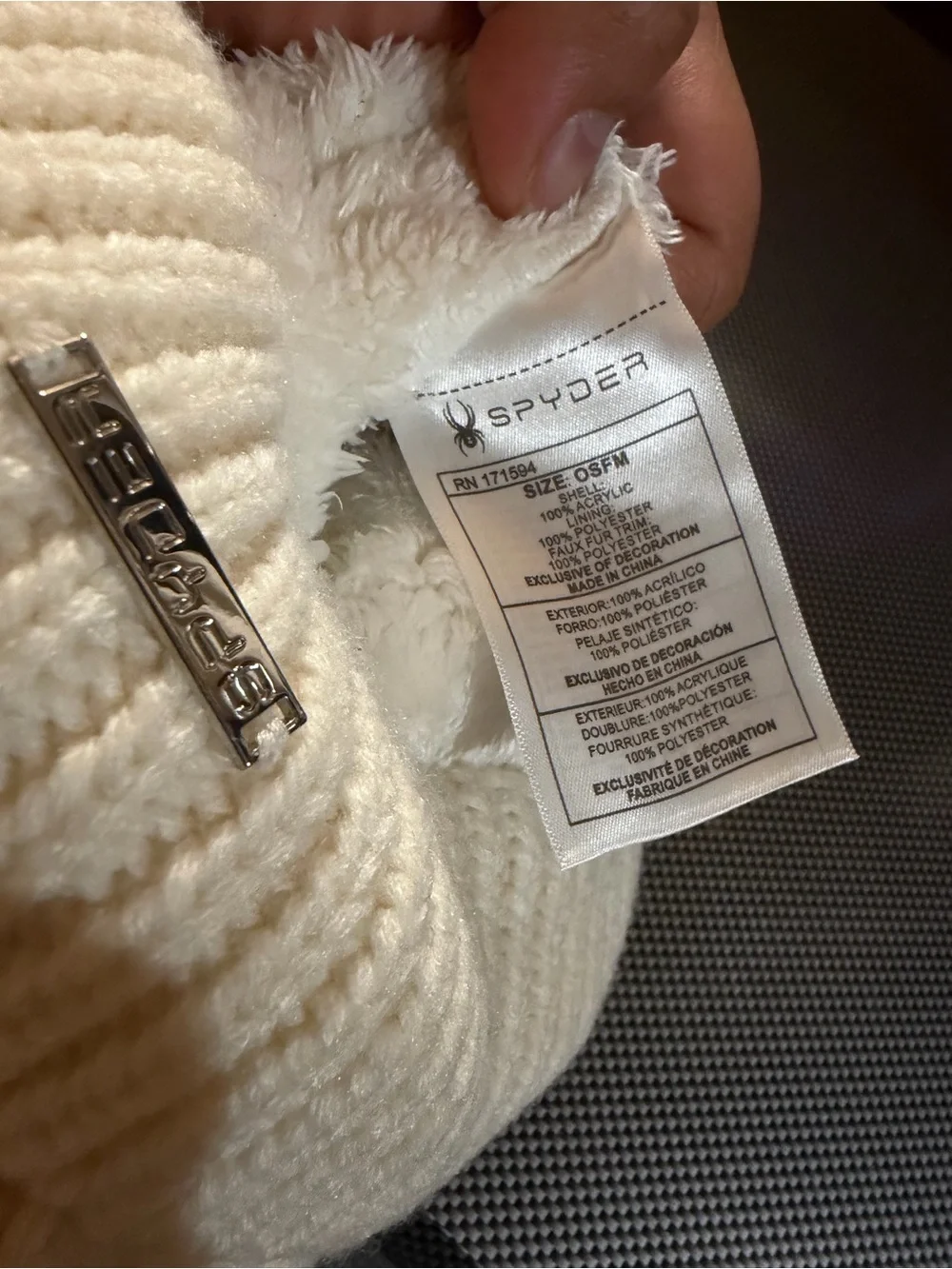 NWT Spyder Women's Cream Cable Knit Pom Beanie with Callout